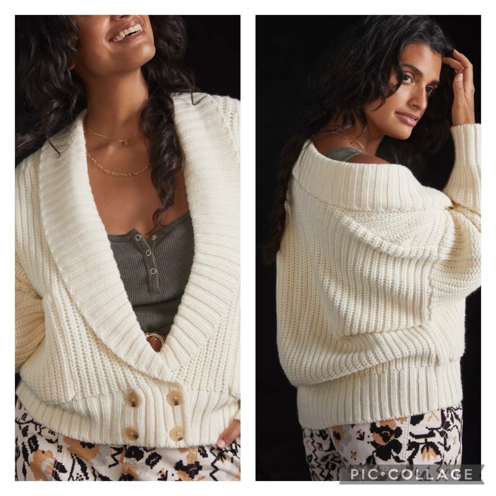 Anthropologie Cream Chunky Shawl Collar Button Cardigan
